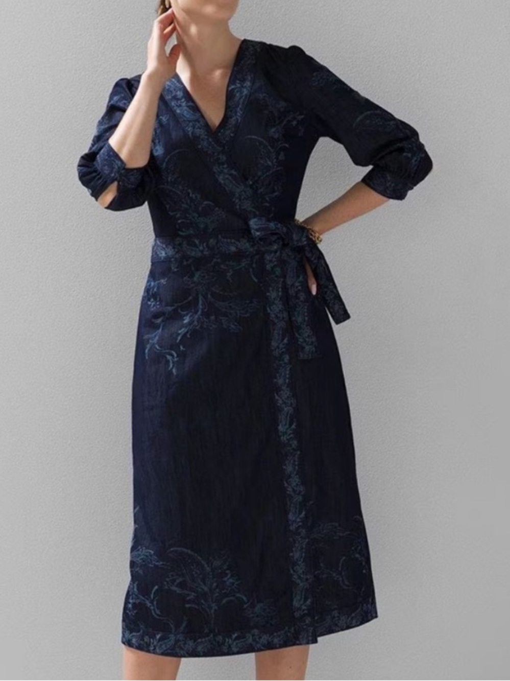 White House black market Floral Laser Print Denim Wrap Midi Dress